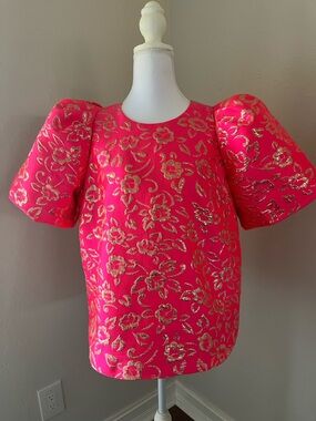 Lilly Pulitzer Hot Pink Metallic Floral Puff Sleeve Top